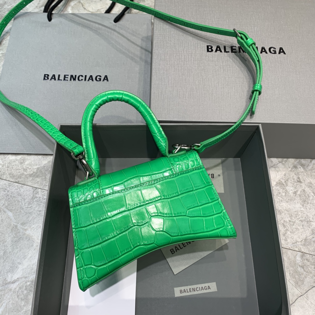 Balenciaga Hourglass XS Handbag Crocodile Embossed Shoulder Bag Green